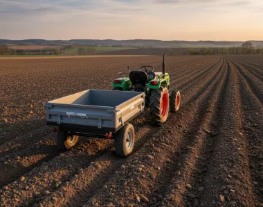 Un micro-tracteur vert avec des roues rouges tractant une benne de transport grise vide. Le tracteur est situé au milieu d'un grand champ labouré, sous un ciel légèrement nuageux au coucher du soleil. La vue est prise de l'arrière du tracteur et de la benne, offrant une perspective sur le paysage rural.