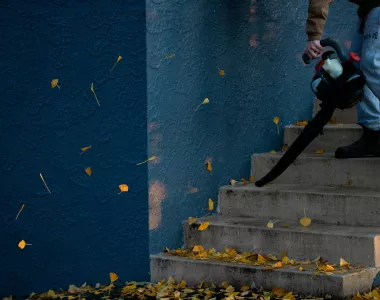 Homme qui souffle les feuilles avec un souffleur